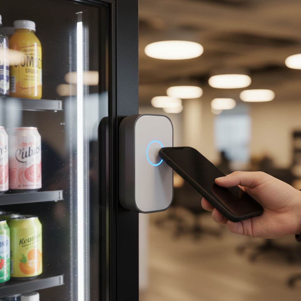 Close-up of contactless payment on a smart cooler door frame