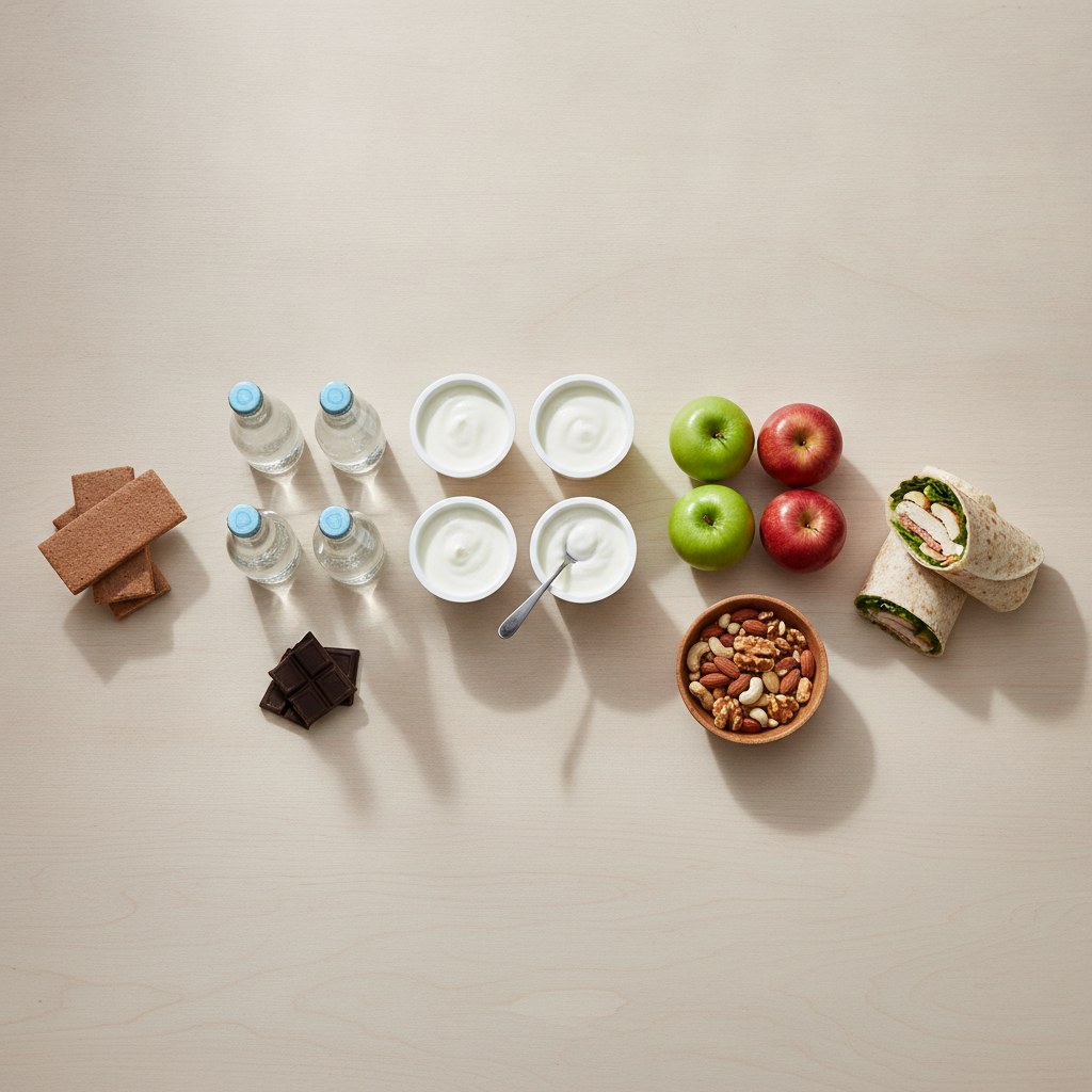 Overhead view of a thoughtfully edited workplace snack assortment