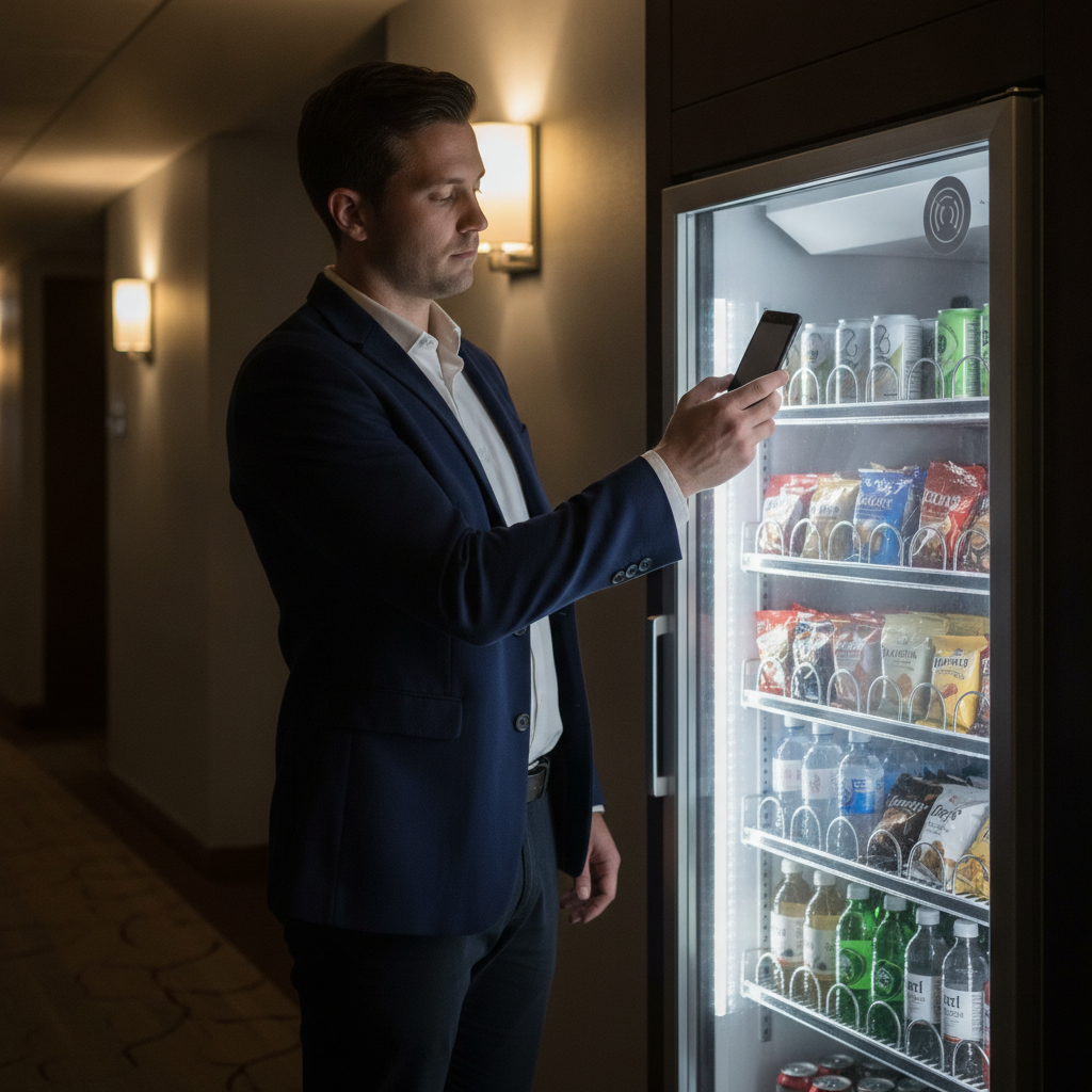 Hotel guest using phone to tap and unlock a glass-door smart cooler late at night