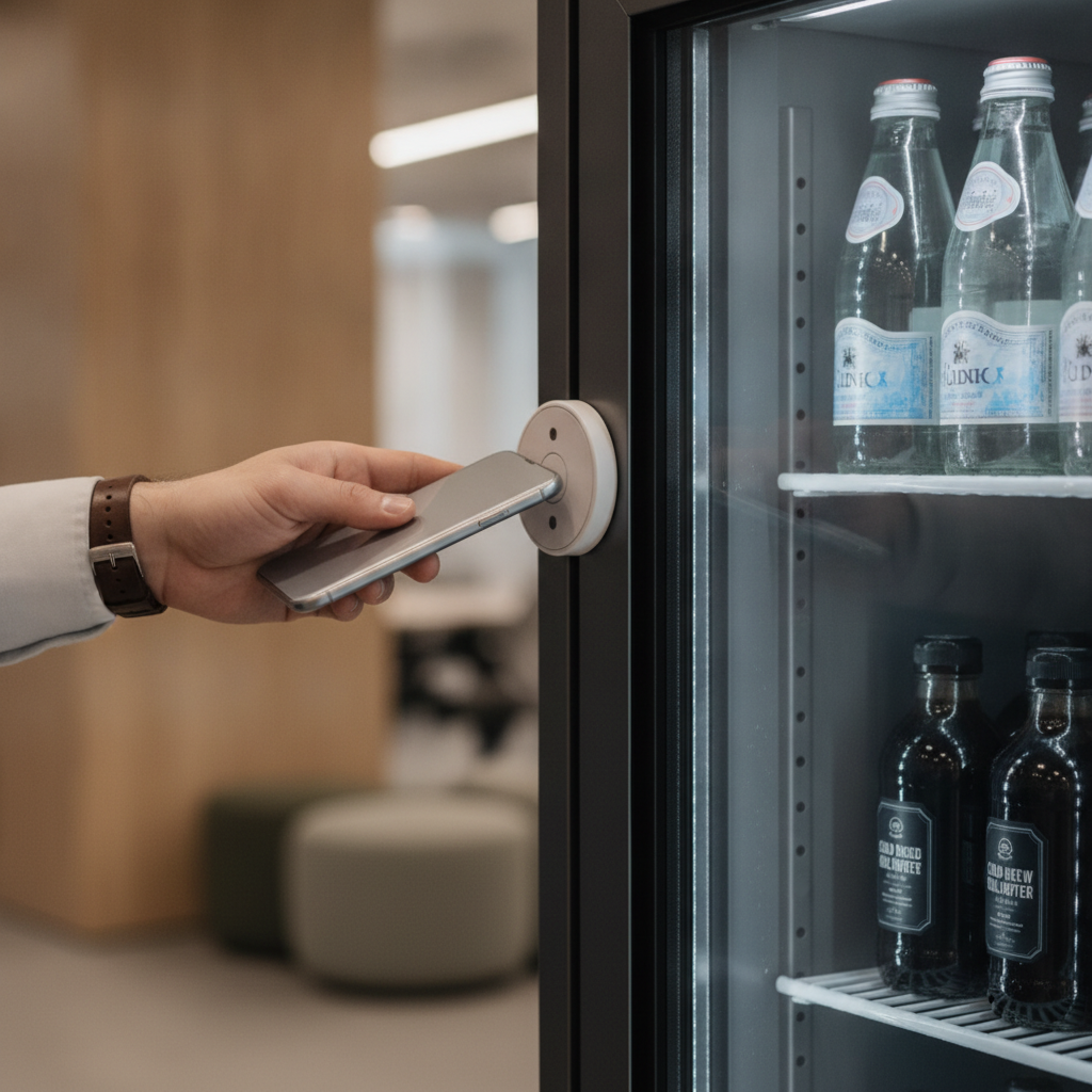 Coworking member tapping phone to pay at a smart cooler payment reader
