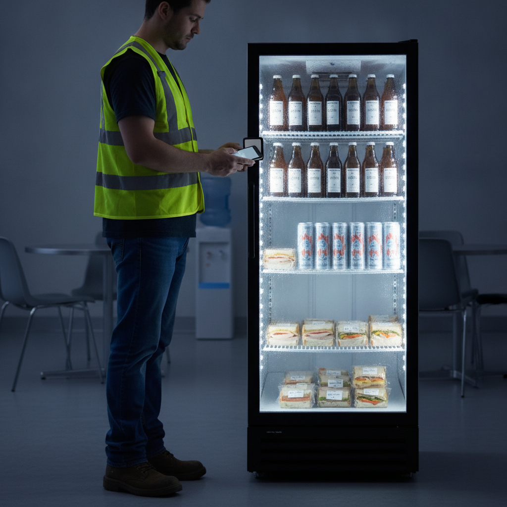 Warehouse worker using tap-to-pay on a glass-door smart cooler at night