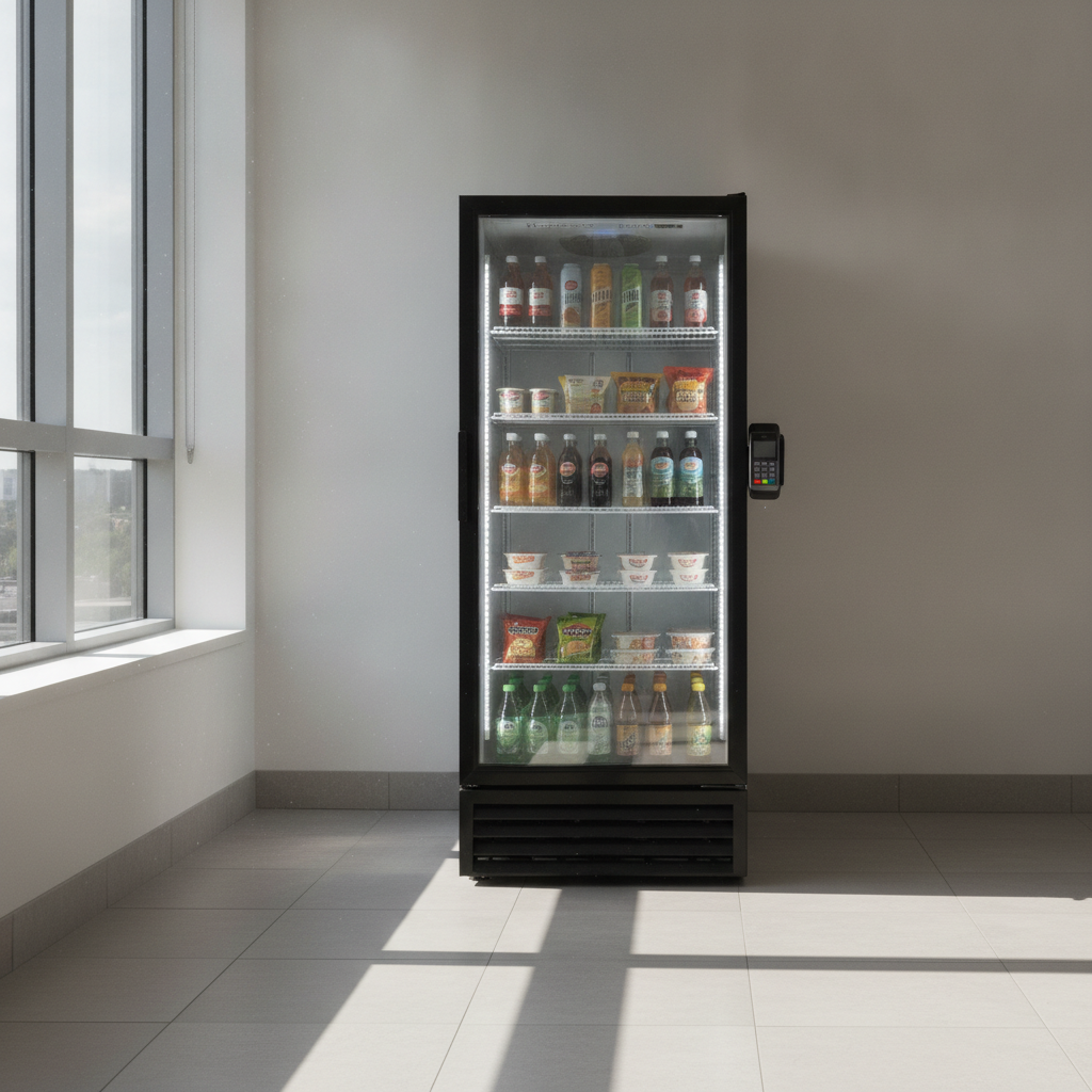 Cashless smart cooler with tap-to-pay reader in a Bergen County office break room