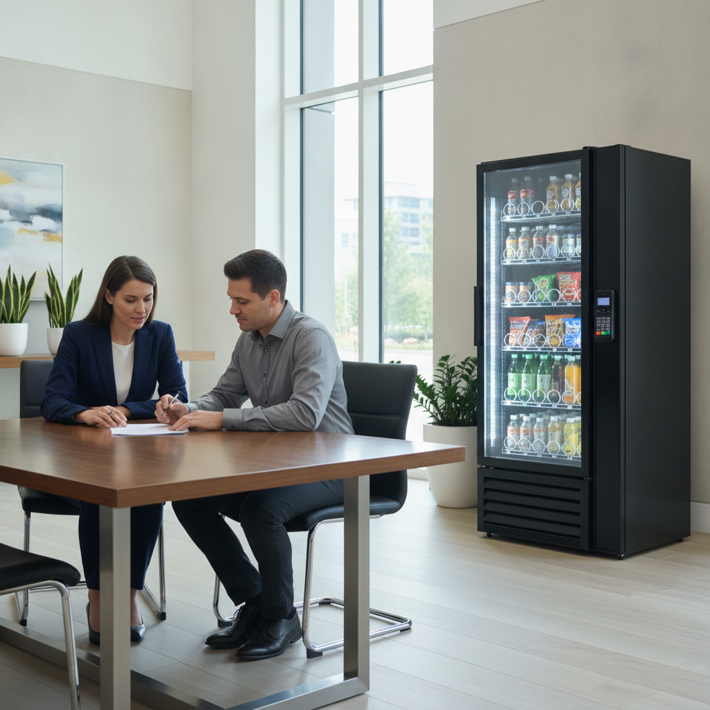 Property manager reviewing a vending service agreement with an operator in an office lobby